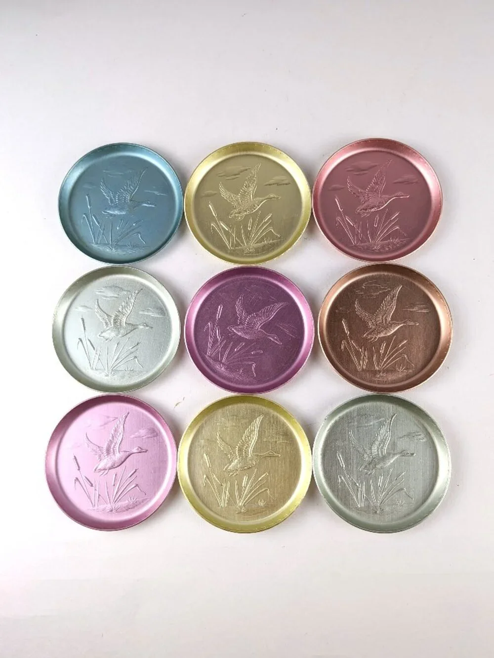 Vintage 50s Pastel Aluminum Drink Coasters x9